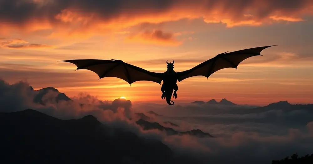 Silhueta de um dragão de asas abertas voando sobre montanhas enevoadas ao pôr do sol