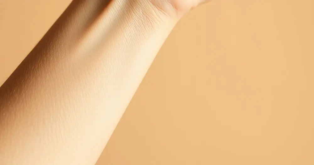 Close da pele lisa de um antebraço com pelos finos e claros sob luz suave de estúdio