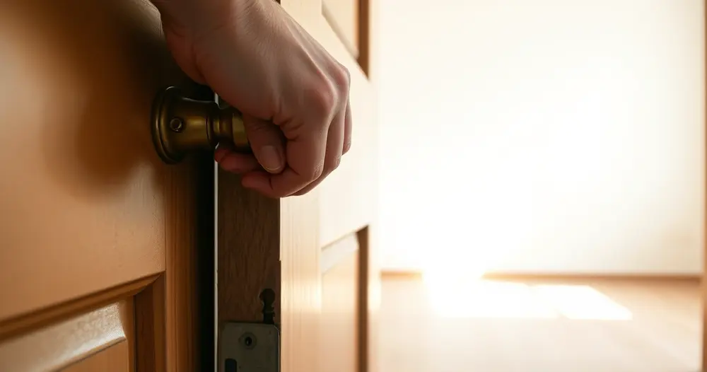 Mão girando a maçaneta de latão de uma porta que se abre para um cômodo vazio e iluminado